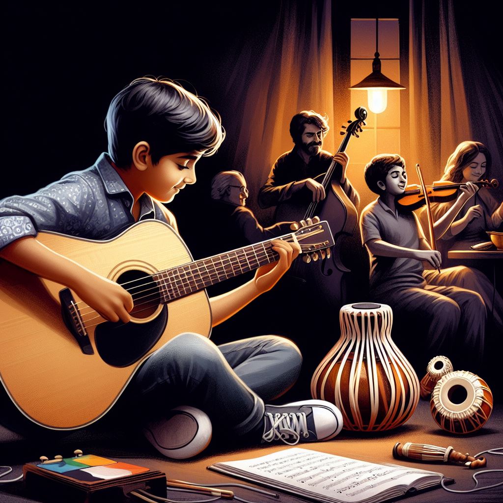 A boy playing accoustic guitar, in the background there is a violin and a tabla instrument to play, people are enjoying his music